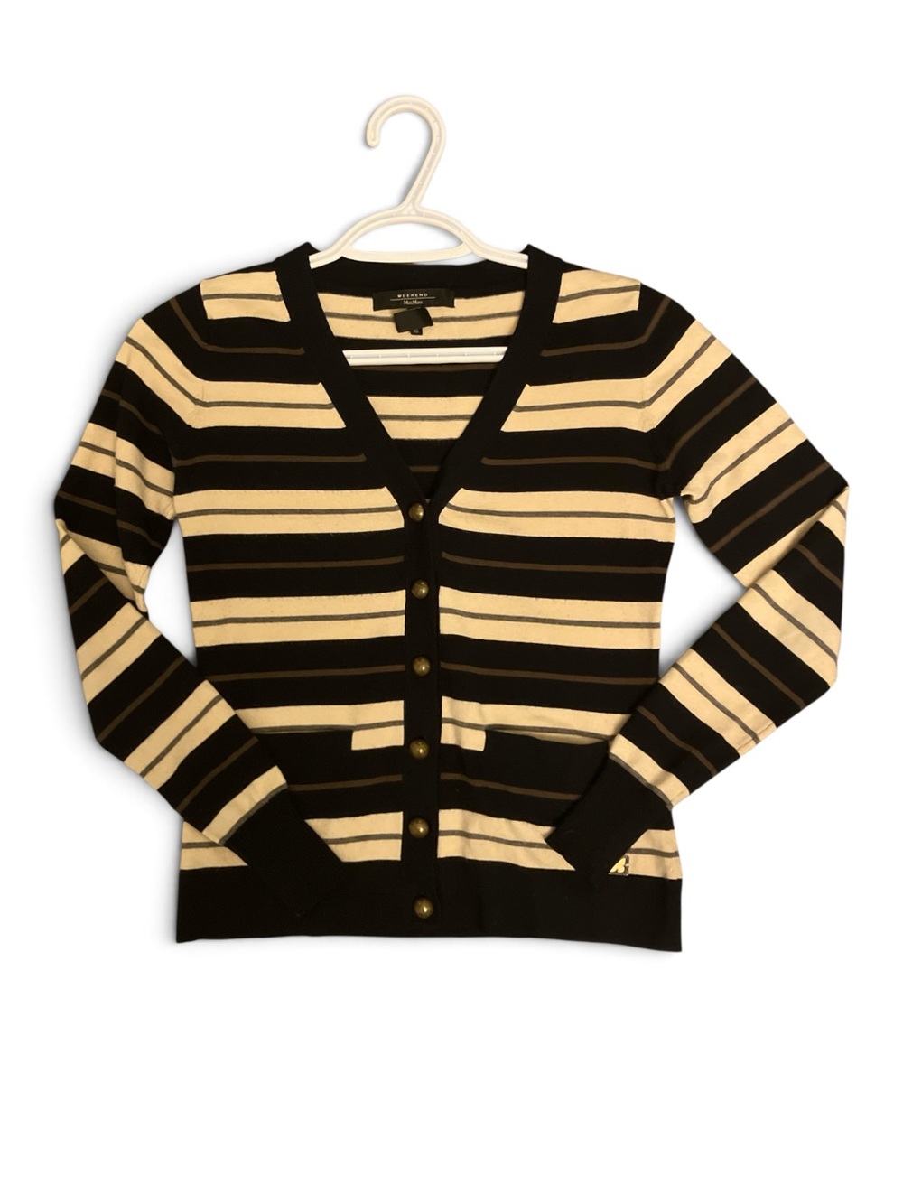 MaxMara Black and Cream Striped V-Neck Button Cardigan